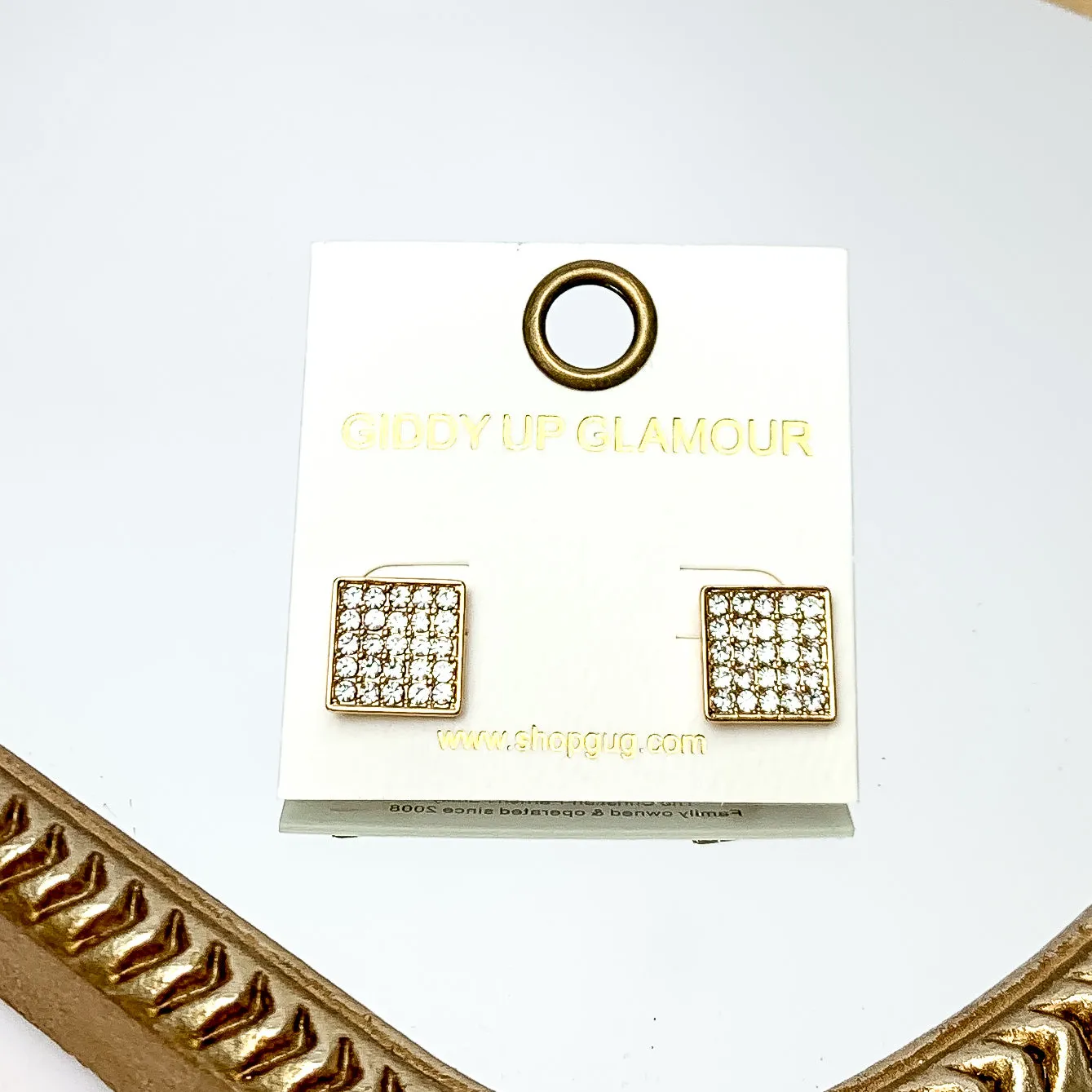 Square Clear Crystal Stud Earrings in Gold Tone