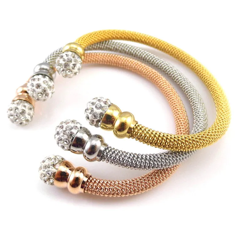 Stainless Steel Fashion Jewelry Rhinestone Ball Bracelets & Bangles For Women Gold/ Rose Gold/ Steel Bangles jewelry