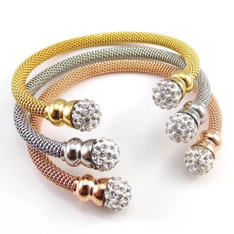 Stainless Steel Fashion Jewelry Rhinestone Ball Bracelets & Bangles For Women Gold/ Rose Gold/ Steel Bangles jewelry