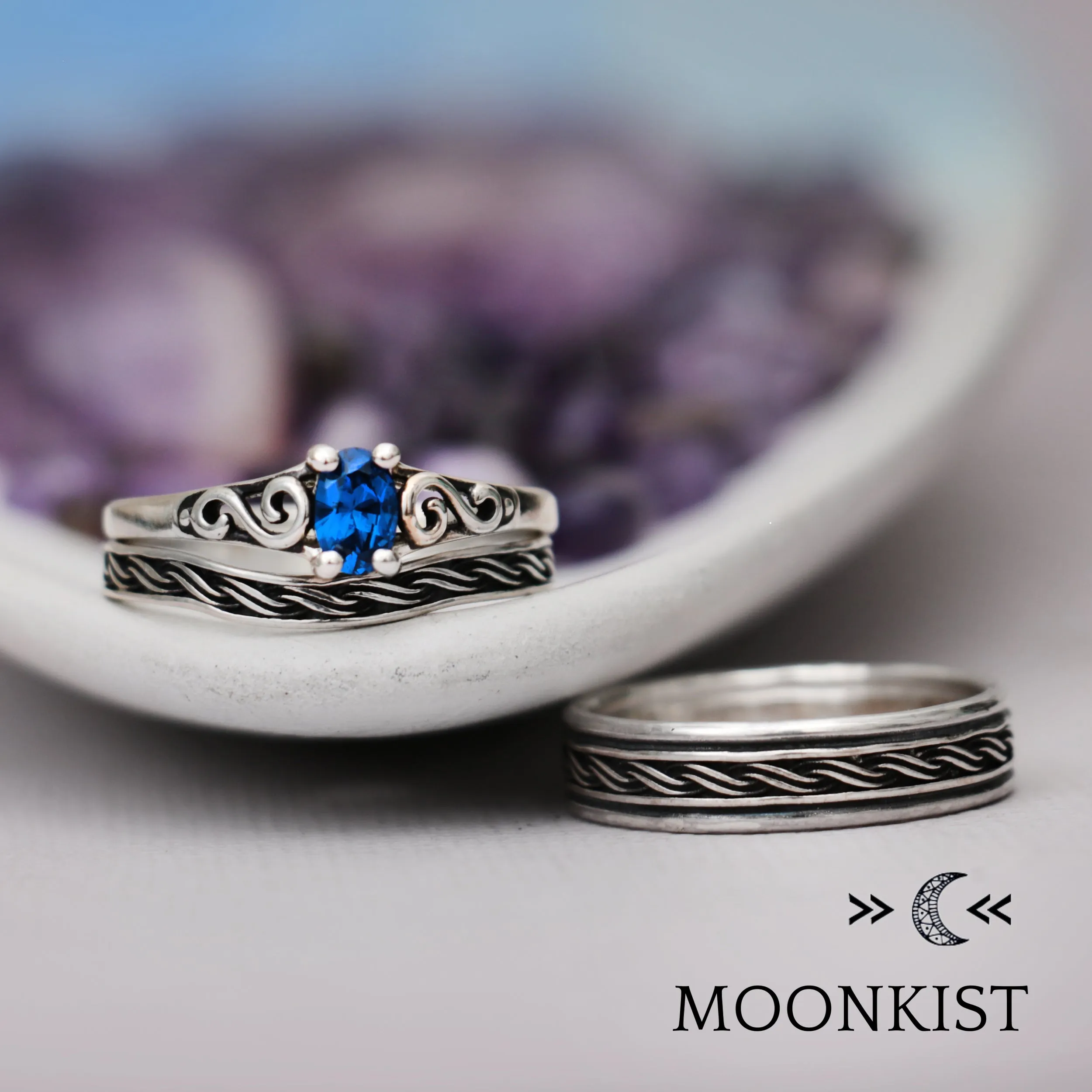 Sterling Silver Antique Style Engagement Ring Set | Moonkist Designs