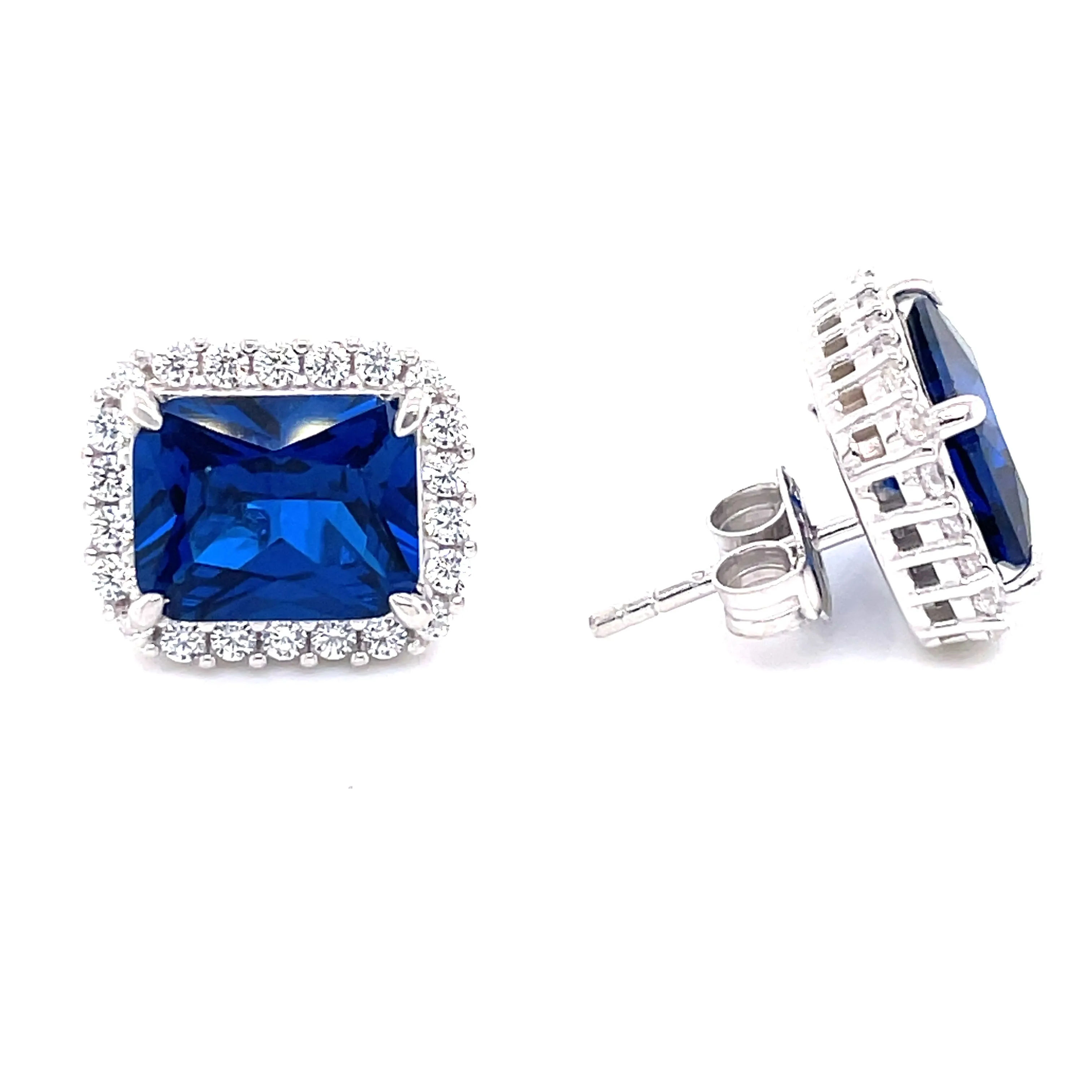 Sterling Silver Emerald Cut Sapphire CZ Earrings