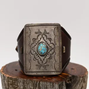 Sterling Silver Stamped Square with Turquoise Stone on Leather Bracelet