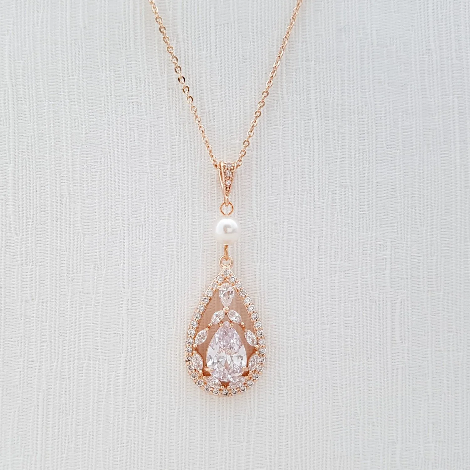 Teardrop Pendant Necklace for Wedding in Rose Gold & Pearl-Esther