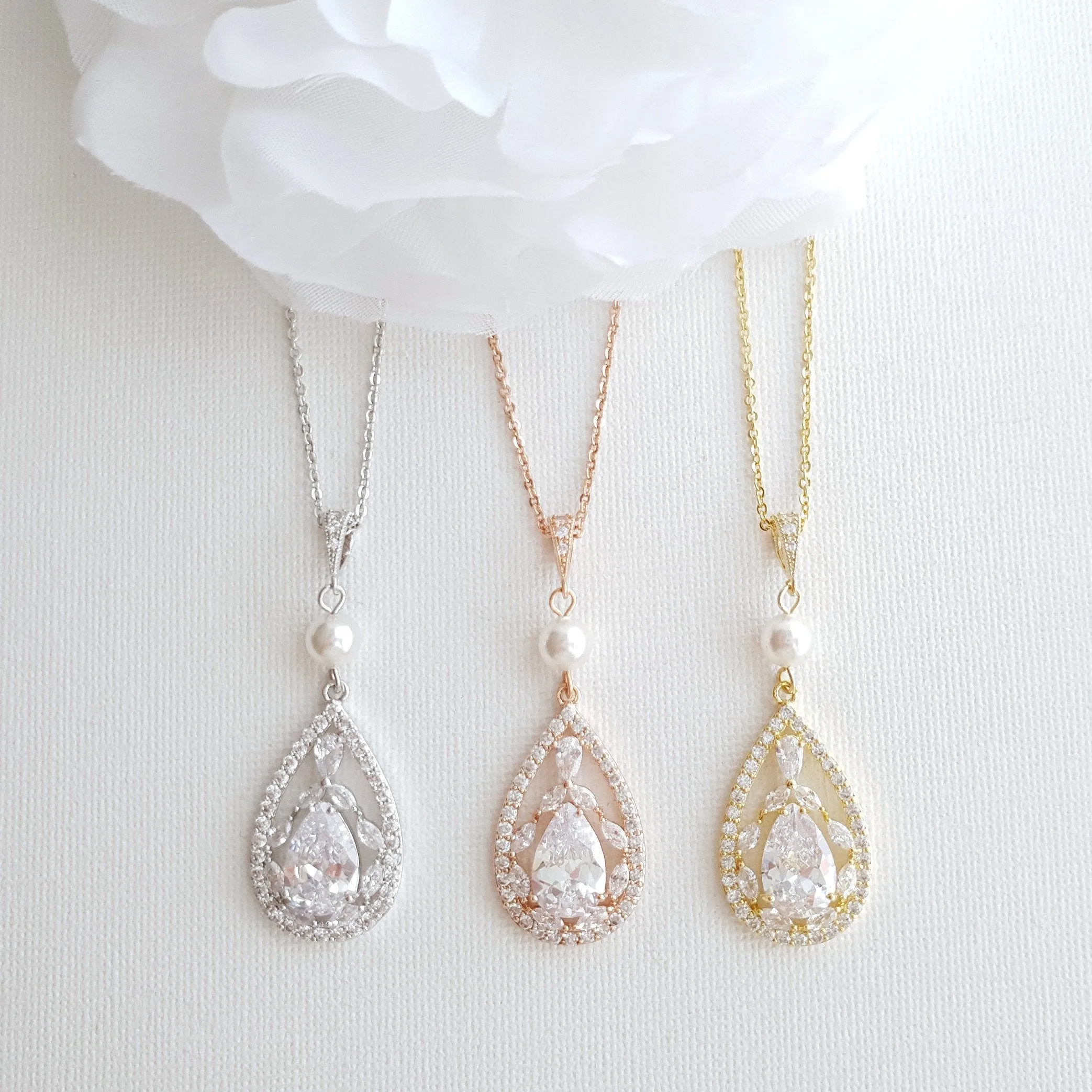 Teardrop Pendant Necklace for Wedding in Rose Gold & Pearl-Esther