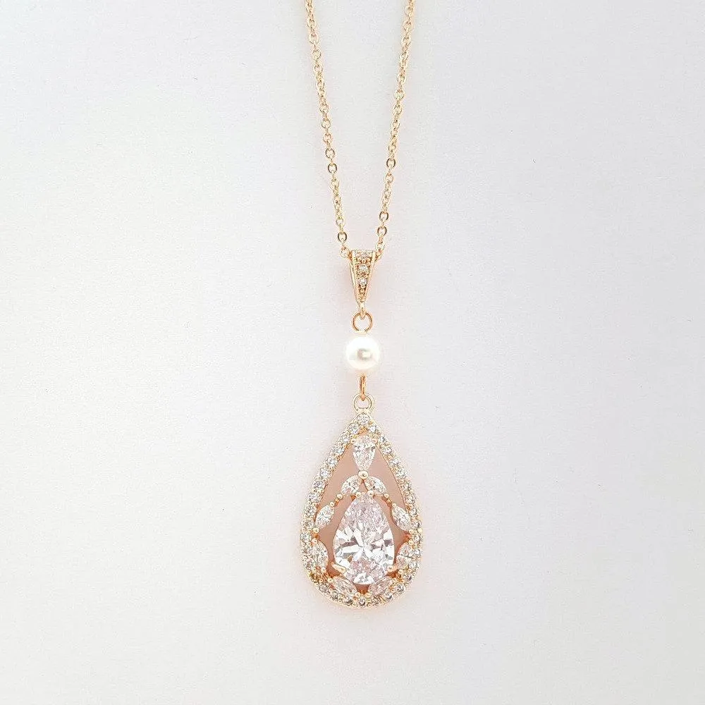 Teardrop Pendant Necklace for Wedding in Rose Gold & Pearl-Esther