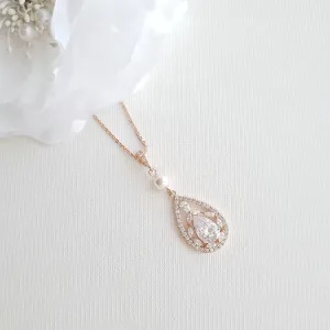 Teardrop Pendant Necklace for Wedding in Rose Gold & Pearl-Esther