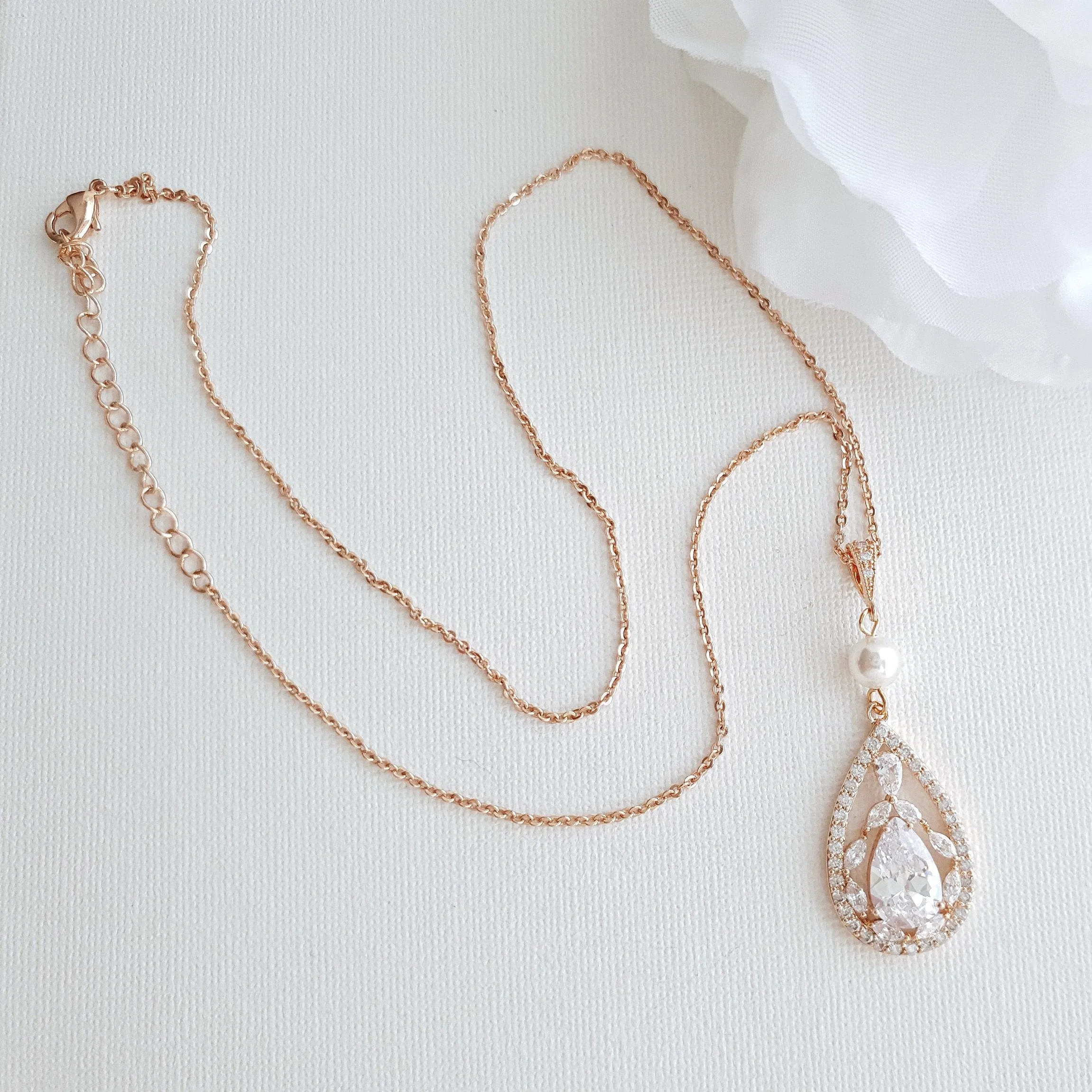 Teardrop Pendant Necklace for Wedding in Rose Gold & Pearl-Esther