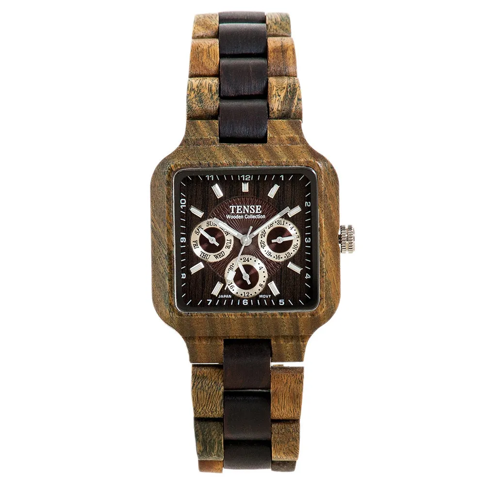 Tense Mens Multifunction Natural Wood Case and Bracelet Multi-Eye Brown Dial Green Dark Sandalwood Watch - B7305GD-W