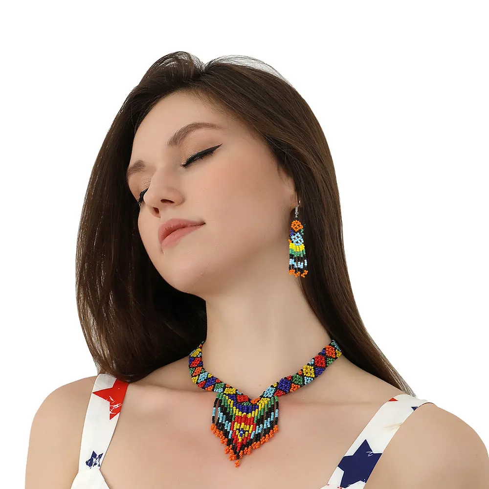 Three-Piece African-Inspired Rice Bead Necklace Set with Elastic Design