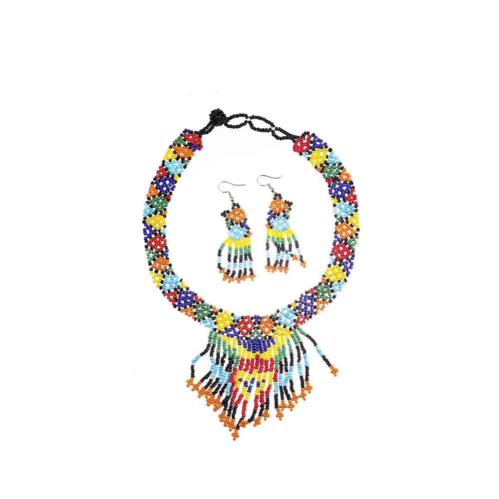 Three-Piece African-Inspired Rice Bead Necklace Set with Elastic Design