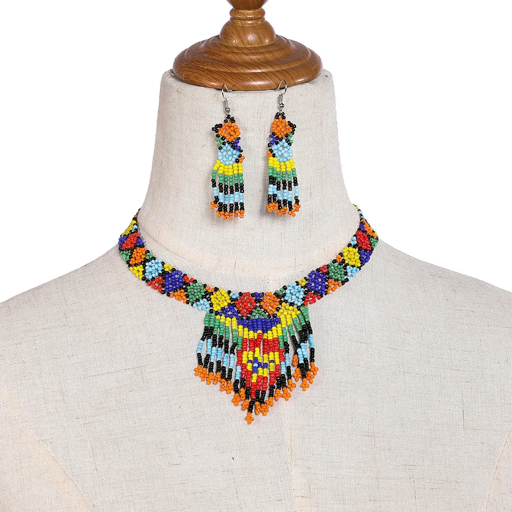 Three-Piece African-Inspired Rice Bead Necklace Set with Elastic Design