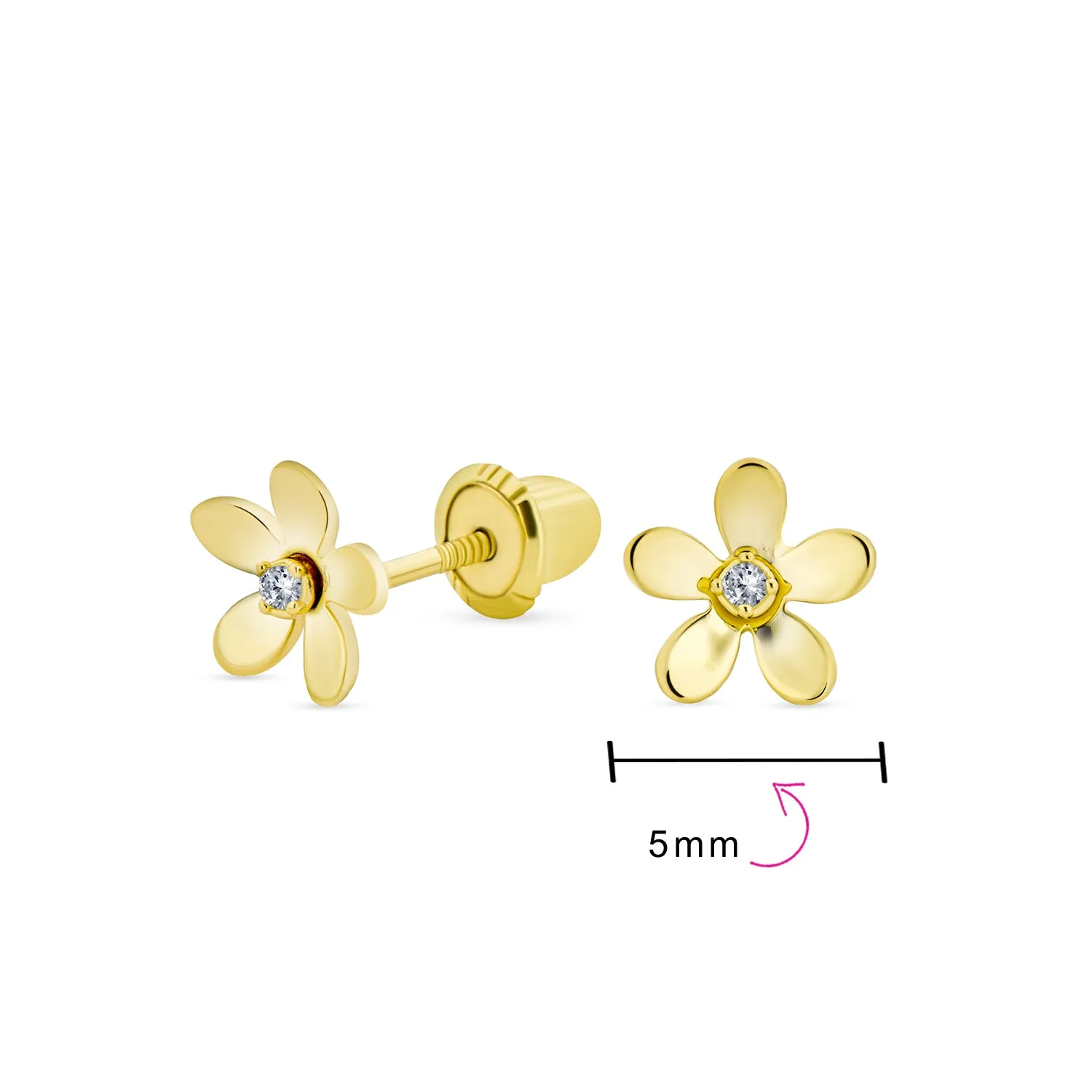 Tiny CZ Accent Daisy Flower Stud Earrings 14K Gold Screw Back Cubic Zirconia