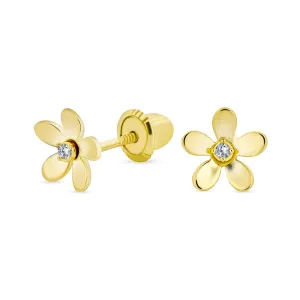 Tiny CZ Accent Daisy Flower Stud Earrings 14K Gold Screw Back Cubic Zirconia