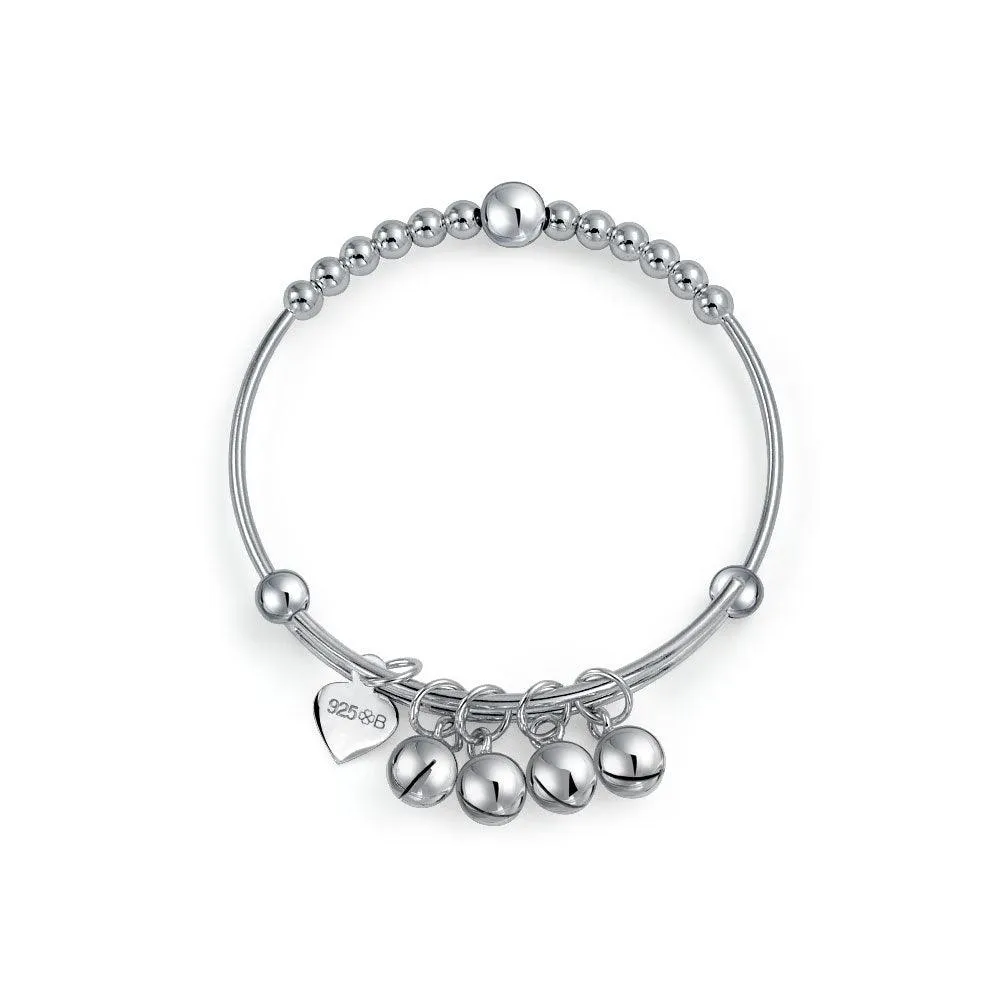 Tiny Round Ball Beaded Charm Bangle Bracelet Sterling Silver for Small Wrists