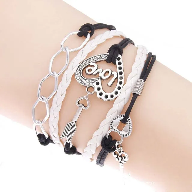 Tomtosh New Handmade Bracelet Lock key Cupid's Arrow Charms Infinity Bracelet White Pink Leather Bracelet Women Best Couple Gift