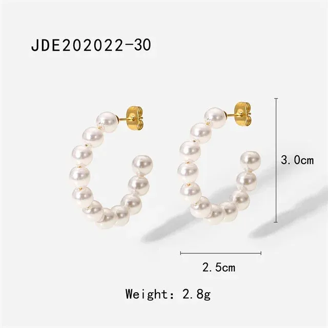 VAIGE Classic Stainless Steel Pearl C-Shaped Hoop Earrings - Waterproof Fashion Jewelry Gift