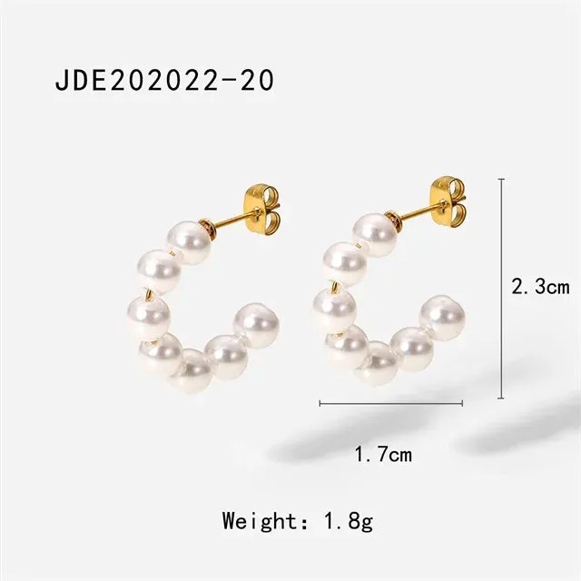 VAIGE Classic Stainless Steel Pearl C-Shaped Hoop Earrings - Waterproof Fashion Jewelry Gift