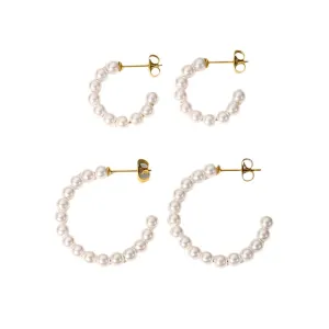 VAIGE Classic Stainless Steel Pearl C-Shaped Hoop Earrings - Waterproof Fashion Jewelry Gift