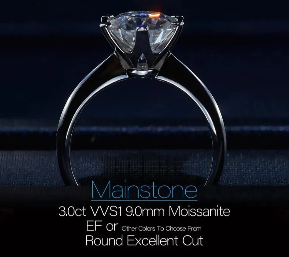 White Gold Plated Silver Solitaire Moissanite Ring 3ct (multiple colors)